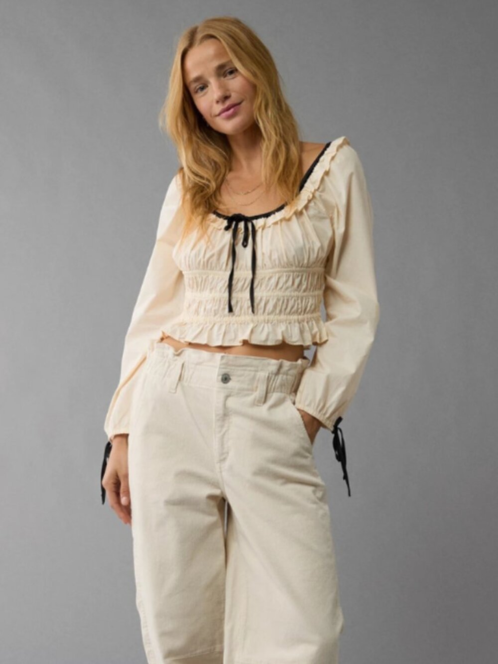 AE Long-Sleeve Ruched Poplin Blouse in Cream NEW